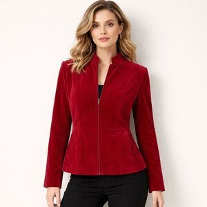 Talbots Jacket Womens Petite Medium Red Corduroy Stretch Zip Front Mock Neck